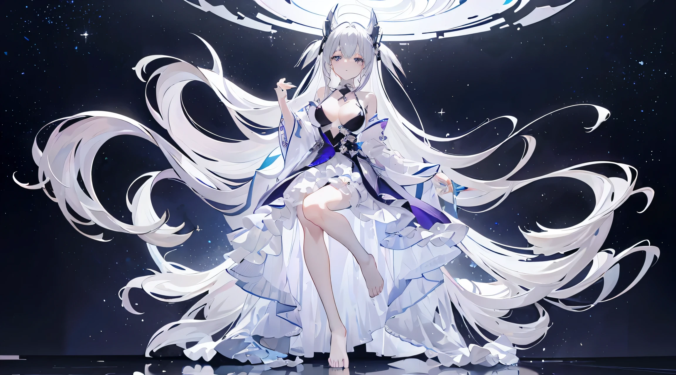 Lilac gradient hair,Asymmetrical hair,（（Hair is very thick 1.8，Clear head outline 1.6））， Hair over the shoulders, Messy hair, Very long hair, Shiny hair，(Long gray hair:1.2),A beautiful girl，（Luxury Platinum Mini Lolita，Made of transparent material），（Transparent clothes transparent 1.8），Perfect body，High，Slender，(Looks sad，Looks haggard、Pale ??????? ，Grief，shut your mouth：1.2） Against the backdrop of an unusually bright dark starry sky，（side）（Put your hands behind you），（round, Medium Large, Firm ???????），barefoot，float，water surface，（Long Law，Long Law，Long Law，Complete），Full body image。