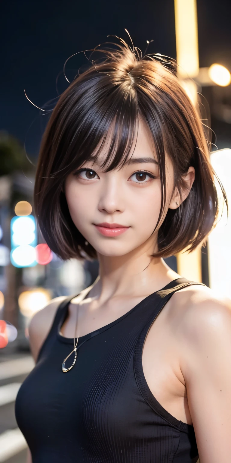 1 Girl, Tokyo Street,night, Streetscape,City lights,Upper Body,close,smile,, (8K, Raw photo, highest quality, masterpiece:1.2),(Realistic, photo-Realistic:1.37),