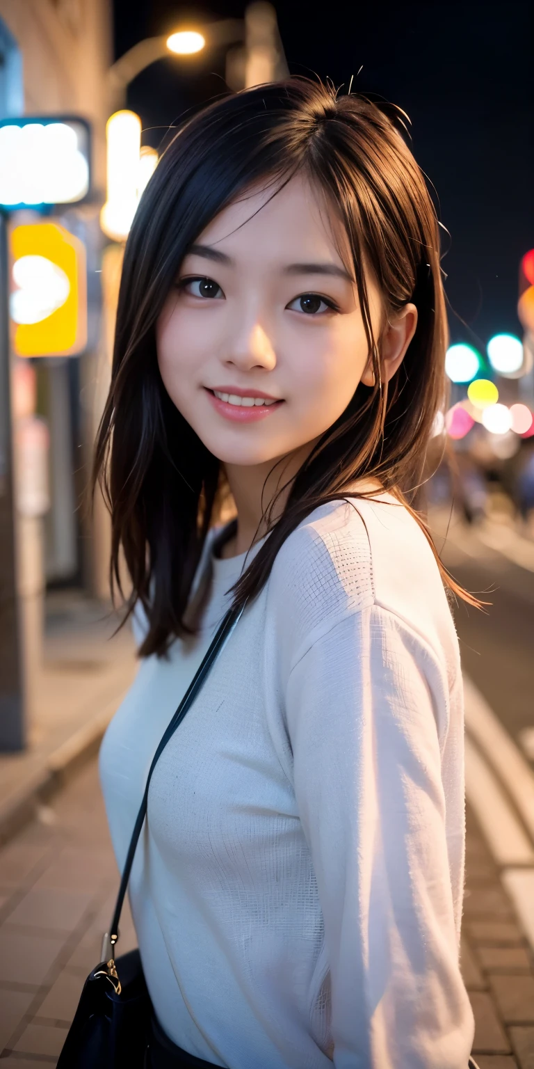 1 Girl, Tokyo Street,night, Streetscape,City lights,Upper Body,close,smile,, (8K, Raw photo, highest quality, masterpiece:1.2),(Realistic, photo-Realistic:1.37),
