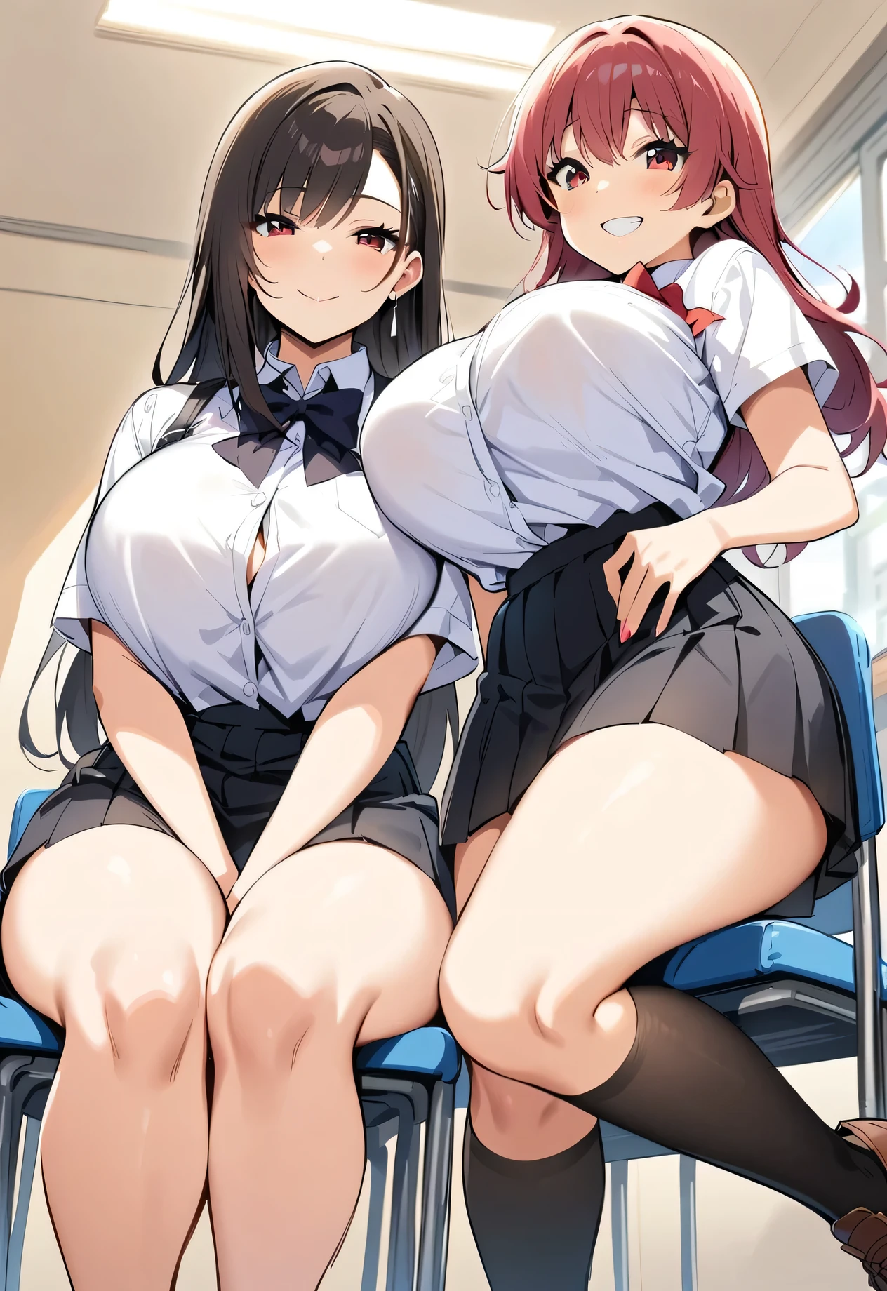 tifa lockhart, Mikan Yuuki,from below,2girls, masterpiece, best quality, highres, JK,huge tit,full body,breasts,looking at viewer,smile,pleated skirt,shirt tucked in,skirt,tented shirt,bowtie,in school