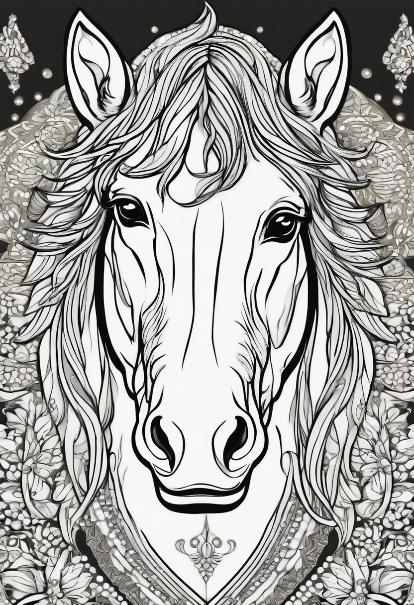 Coloring page for adults, linhas em negrito, linhas escuras, corpo de mandala, corpo de cachorrinho, horse face mandala horse, cara de mandala, symmetr, fundo, arte de linha limpa, arte de linha fina, 512x 768 resolution