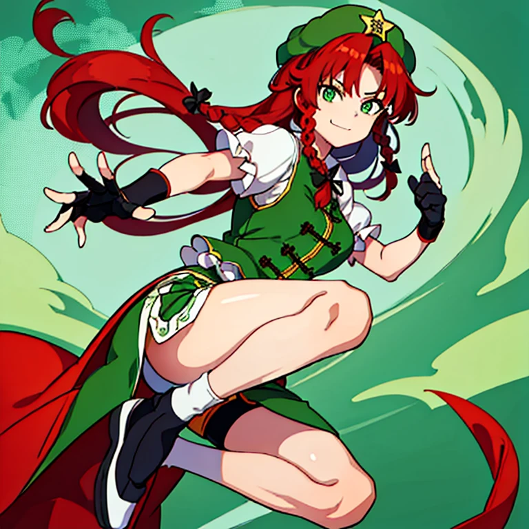 Solo, one girl, Hong Meiling, touhou, masterpeice, red hair, long hair, side braids, green eyes, fighting gloves, green chinese dress, bike shorts, fighting pose, smirk, full body