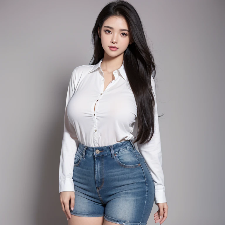 1 girl, standing , seductive smile, Highly detailed facial and skin texture, confident, sexy pose, full body, Solo, Waist up, Beautiful eyes, Close lips, Detailed face, Glowing black long hair, huge breasts, voluptuous, thicc, curvy, Long legs, wearing white Collared shirt on top with tight long blue jean, dim light, ((plain background)), ((plain background)), (((empty background))) (((day)))