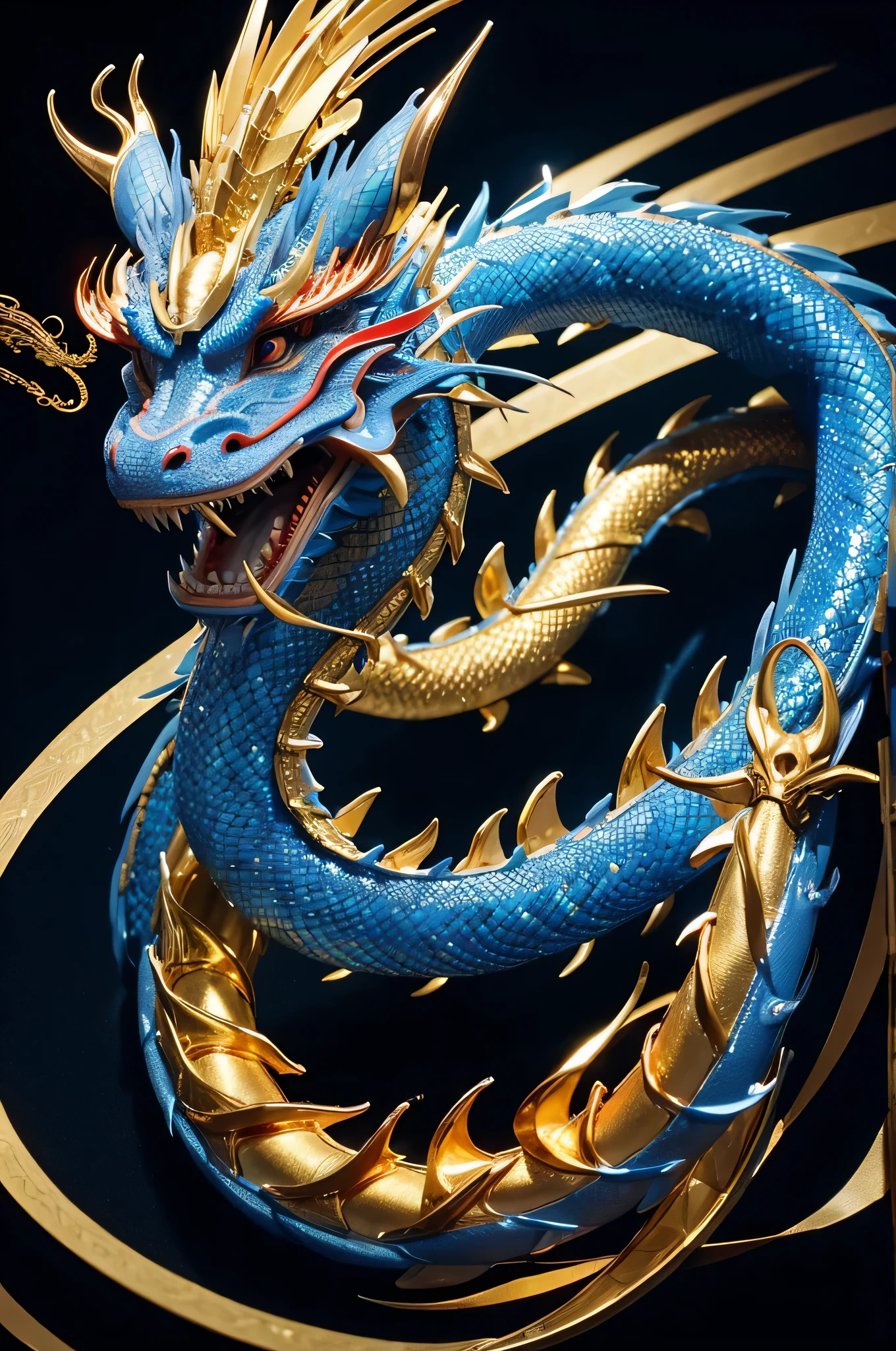 Chinese dragon,Dragon Body,Golden dragon whiskers,Blue dragon scales
