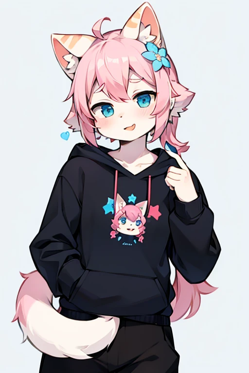 Flower cat,hairy,hairy的,Bust Avatar,White sweatshirt with colorful pattern,Black casual pants,White Stripes,Q version,Lovely,simple art style,Cartoon Style,Acting cute,Pretend to be cute,Stick out your tongue,tension,Pink hair with ears, White hair on ear tips,Pink hair on back,tail blue,Tip white,Light blue background,Star