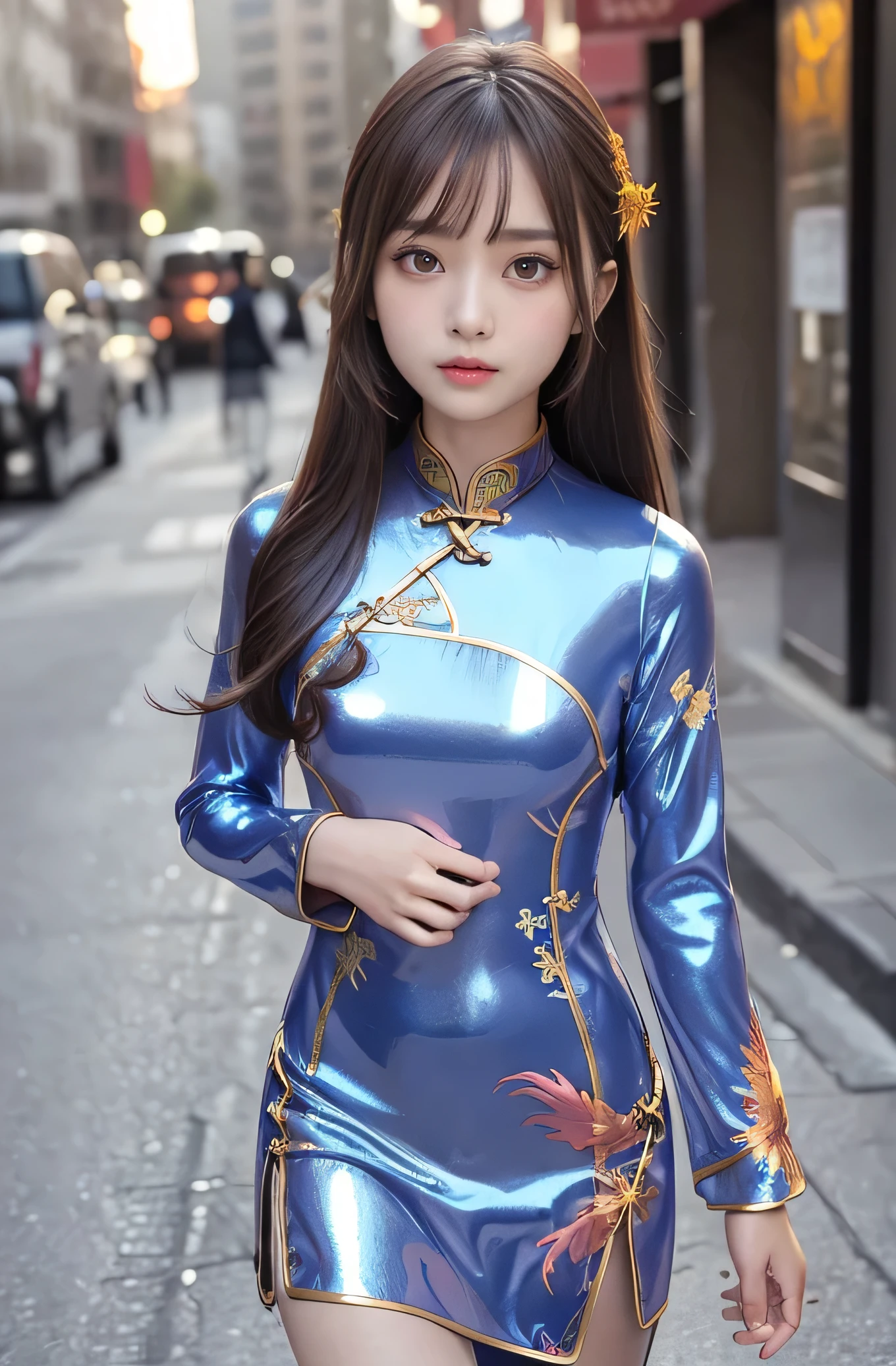 Angelic Very beautiful cute girl,11 yo,
Beautiful detailed eyes, 
Detailed double eyelids,
(Large eyes:1.4),
Long straight brown hair, 
see-through bangs,
Sharp Focus,small straight nose,
beautiful detailed face and eyes, 
drooping eyes,
(Soft Saturation: 1.3), (Fair skin: 1.2),BREAK (Super shiny metallic gorgeous vivid colored latex long sleeves cheongsam:1.3),
Walking,
Brown hair,
(dragon pattern design cheongsam:1.4) , (costume with strong reflective surfaces:1.5),
Costume lighting,
In the street