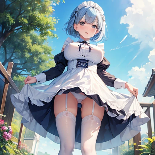 masterpiece, highest quality, High resolution, short hair, Short skirt、Sharpness,Outdoor,barefoot,Looking up,Embarrassed face,Angle from below、Big Breasts,Legs slightly apart、Maid clothes、White underwear、See-through、Blue Hair、White knee-length tights、One silver cross hair ornament、I can't see my right eye because my bangs are covering it、Maid clothes、Rem、Re:Zero