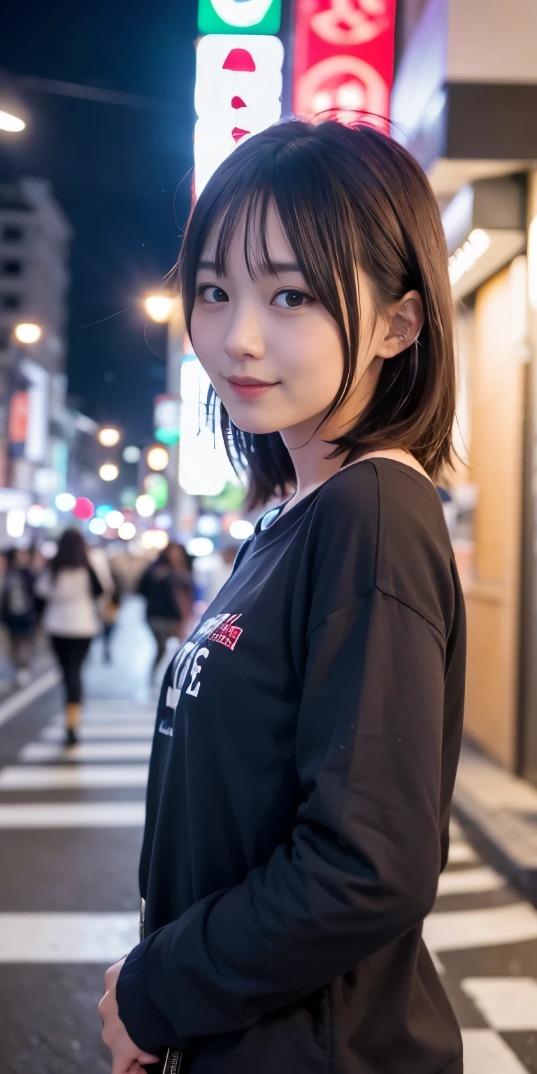 1 Girl, Tokyo Street,night, Streetscape,City lights,Upper Body,close,smile,, (8K, Raw photo, highest quality, masterpiece:1.2),(Realistic, photo-Realistic:1.37),