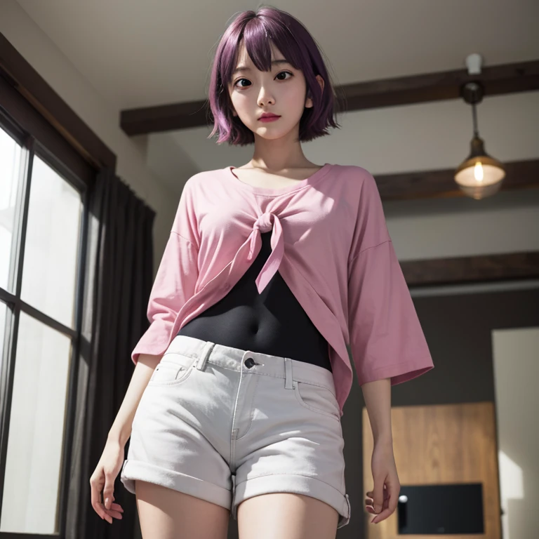 masterpiece, highest quality, High Resolution, S1, Senjagahara Hitagi, short hair, No sleeve, tie, White shorts, Black thighs, Pink Shirt, indoor,