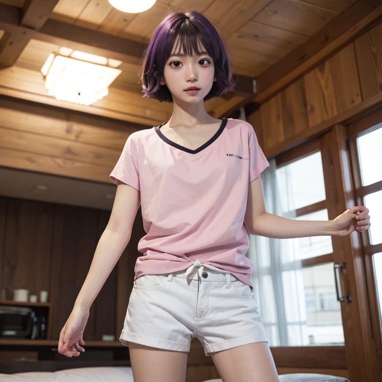 masterpiece, highest quality, High Resolution, S1, Senjagahara Hitagi, short hair, No sleeve, tie, White shorts, Black thighs, Pink Shirt, indoor,