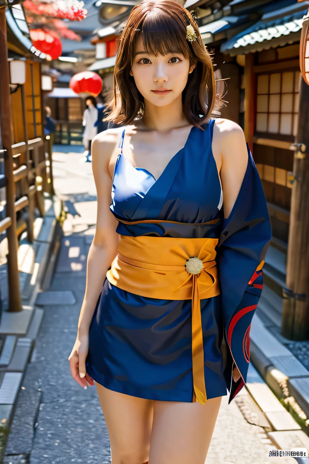 (Japan Ninja Costumes:1.5)、(Japanese festivals:1.5)、(Full-body photo:1.5)、highest quality, Photorealistic, Very detailed, finely, High resolution, 8K Wallpaper, Professional, High level of detail, ((One 18 year old girl:1.2)), Slender Japanese women,Pretty lips, (Beautiful long lashes:1.2)、Detailed clavicle, Perfect Face, (Cute short bob hair:1.5),Top Quality，Ultra-clear resolution，Clear Eyes，Sunburned skin，Perfect large breasts，have perfect legs，