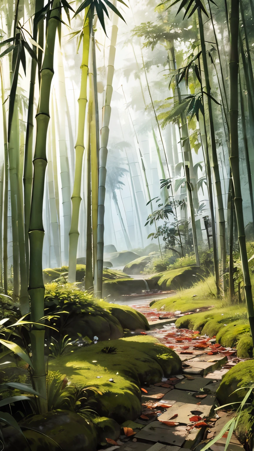 Absurd,High resolution,Super detailed,evening,bamboo forest,Fallen leaves,Tsing Yi,Choose a light,return