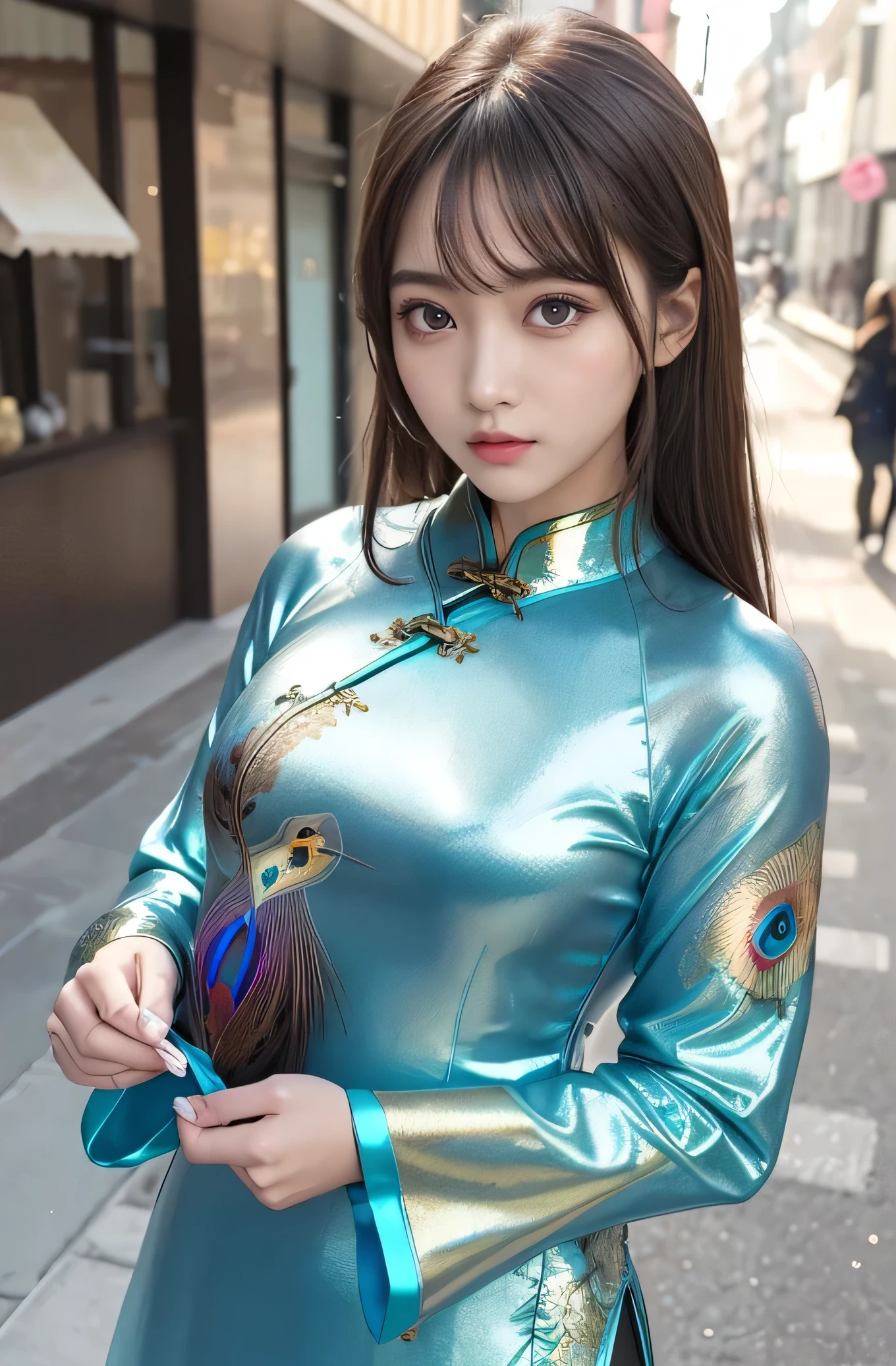 Angelic Very beautiful cute girl,8 yo,
Beautiful detailed eyes,
Detailed double eyelids,
(Large eyes:1.4),
Long straight brown hair,
see-through bangs,
Sharp Focus,small straight nose,
beautiful detailed face and eyes,
drooping eyes,
(Soft Saturation: 1.3), (Fair skin: 1.2),BREAK (Super shiny metallic turquoise long sleeves cheongsam:1.3),
Walking,
Brown hair,
(peafowl pattern design cheongsam:1.4) , (costume with strong reflective surfaces:1.5),
Costume lighting,
In the street