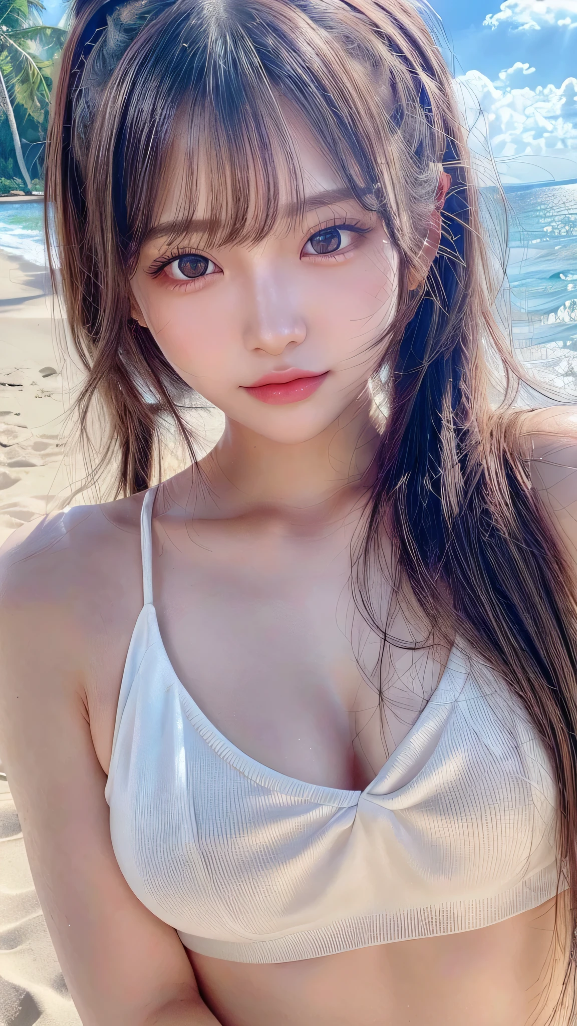 Beach,resort,Sexy White Bikini,Blushing,Facing forward,Close-up of face,Small breasts,,Long hair ponytail,((8K, Raw photo, Best Quality, Mastepiece:1.2), (Realism, Photorealistic:1.4), (Highly detailed 8K wallpapers), Depth of written boundary, Cinematic Lighting, Soft Light, Detailed Beauty Eye,Shiny and smooth light brown ponytail, Asymmetrical bangs, Shiny skin, Ultra-detailed skins ,It is high resolution., High detail, Detailed hairstyle, Detailed facial beauty, Hyper-realistic, Perfect limbs, Perfect Anatomy ,1 Japanese girl,Famous Japanese Idols, Perfect female body,A shy smile,Short eyelashes,Double-edged eyelids,Look straight here,Hair style: ponytail,Close-up of face