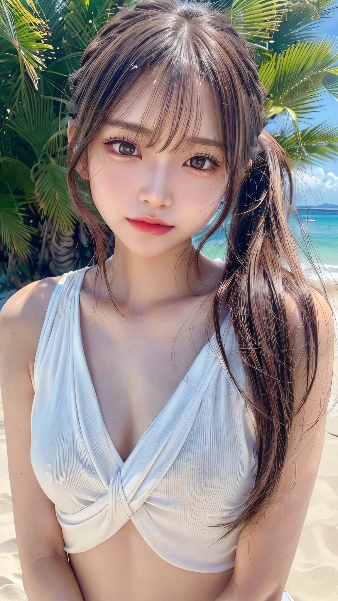 Beach,resort,Sexy White Bikini,Blushing,Facing forward,Close-up of face,Small breasts,s old,Long hair ponytail,((8K, Raw photo, Best Quality, Mastepiece:1.2), (Realism, Photorealistic:1.4), (Highly detailed 8K wallpapers), Depth of written boundary, Cinematic Lighting, Soft Light, Detailed Beauty Eye,Shiny and smooth light brown ponytail, Asymmetrical bangs, Shiny skin, Ultra-detailed skins ,It is high resolution., High detail, Detailed hairstyle, Detailed facial beauty, Hyper-realistic, Perfect limbs, Perfect Anatomy ,1 Japanese girl,Famous Japanese Idols, Perfect female body,A shy smile,Short eyelashes,Double-edged eyelids,Look straight here,Hair style: ponytail,Close-up of face