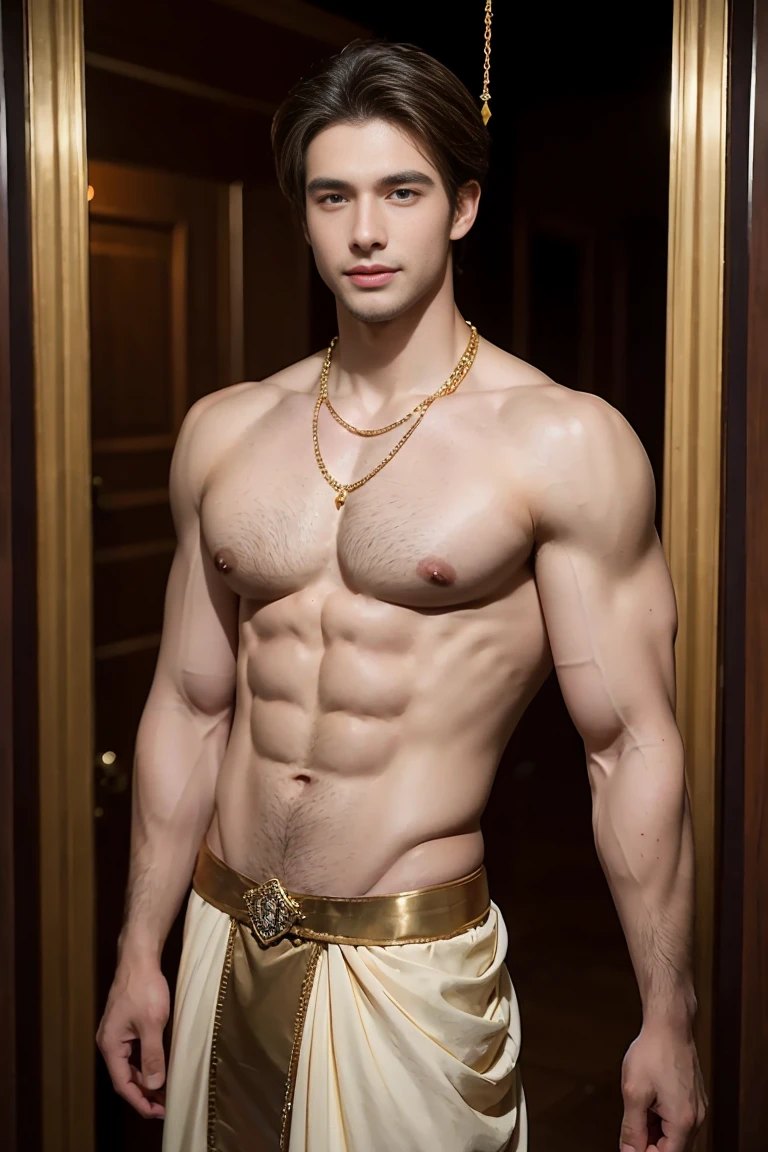 (masterpiece, best quality:1.2), 1 person, Single attractive man,With eyes like heaven, delicate brown hair, magic , Beautiful appearance, with a mysterious smile, Very beautiful face , Detailed facial images, Large and long nipples,Full chest muscles,Six-pack abs , naked,Tulle loincloth ,Handsome man! Diamonds in the ears. gold chain hanging around neck,Highest quality full body photos of cute boys!