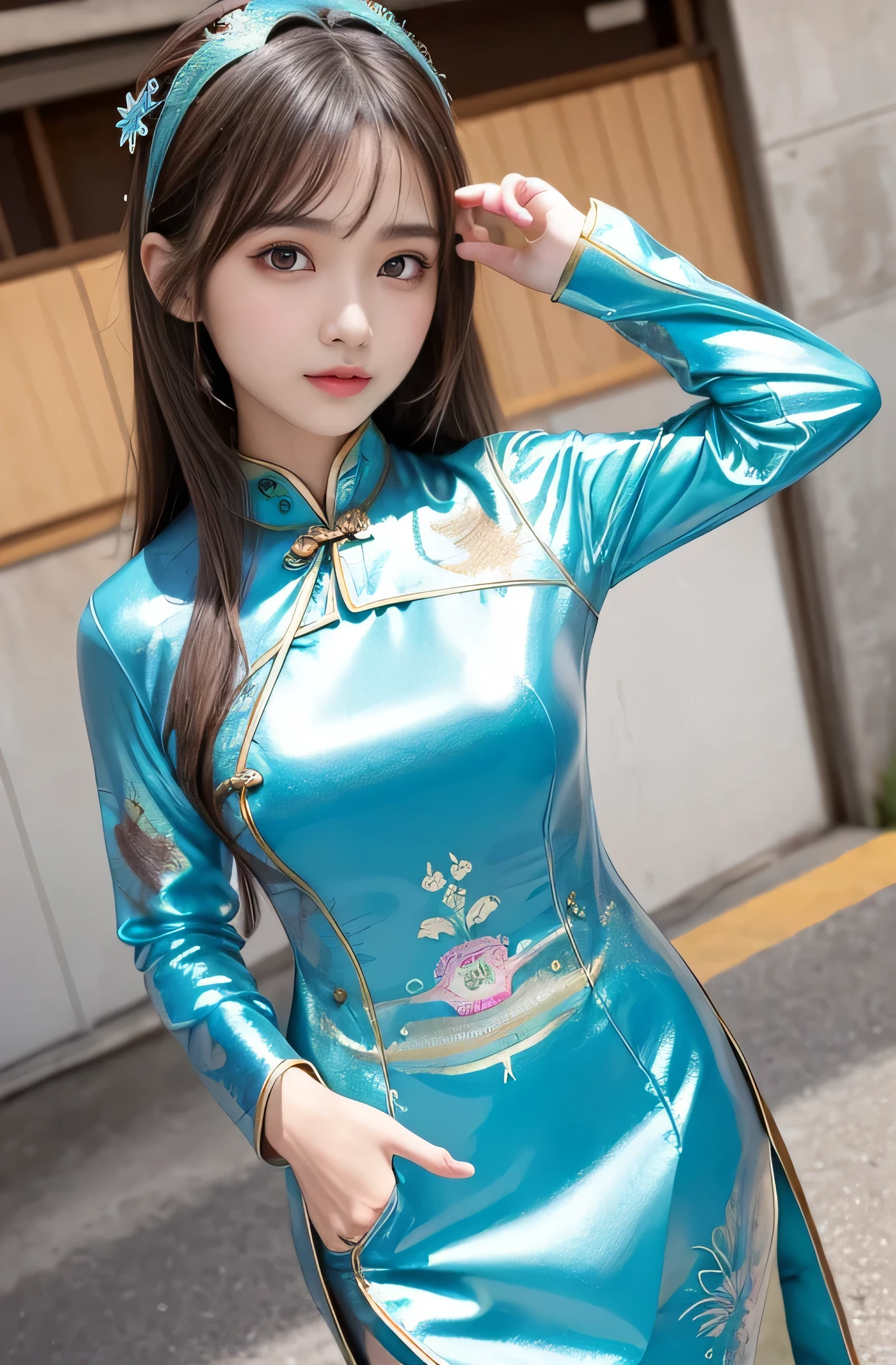 Angelic Very beautiful cute girl,8 yo,
Beautiful detailed eyes,
Detailed double eyelids,
(Large eyes:1.4),
Long straight brown hair,
see-through bangs,
Sharp Focus,small straight nose,
beautiful detailed face and eyes,
drooping eyes,
(Soft Saturation: 1.3), (Fair skin: 1.2),BREAK (Super shiny metallic turquoise long sleeves cheongsam:1.3),
Walking,
Brown hair,
(peafowl pattern design cheongsam:1.4) , (costume with strong reflective surfaces:1.5),
Costume lighting,
In the street