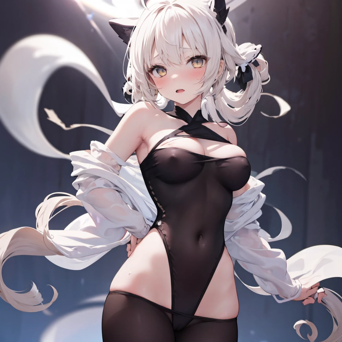 Night World, Perfect female body, 1 girl, Huge ahoge, Small breasts, Light Skin, Larger clothes,Fantasy,ghost