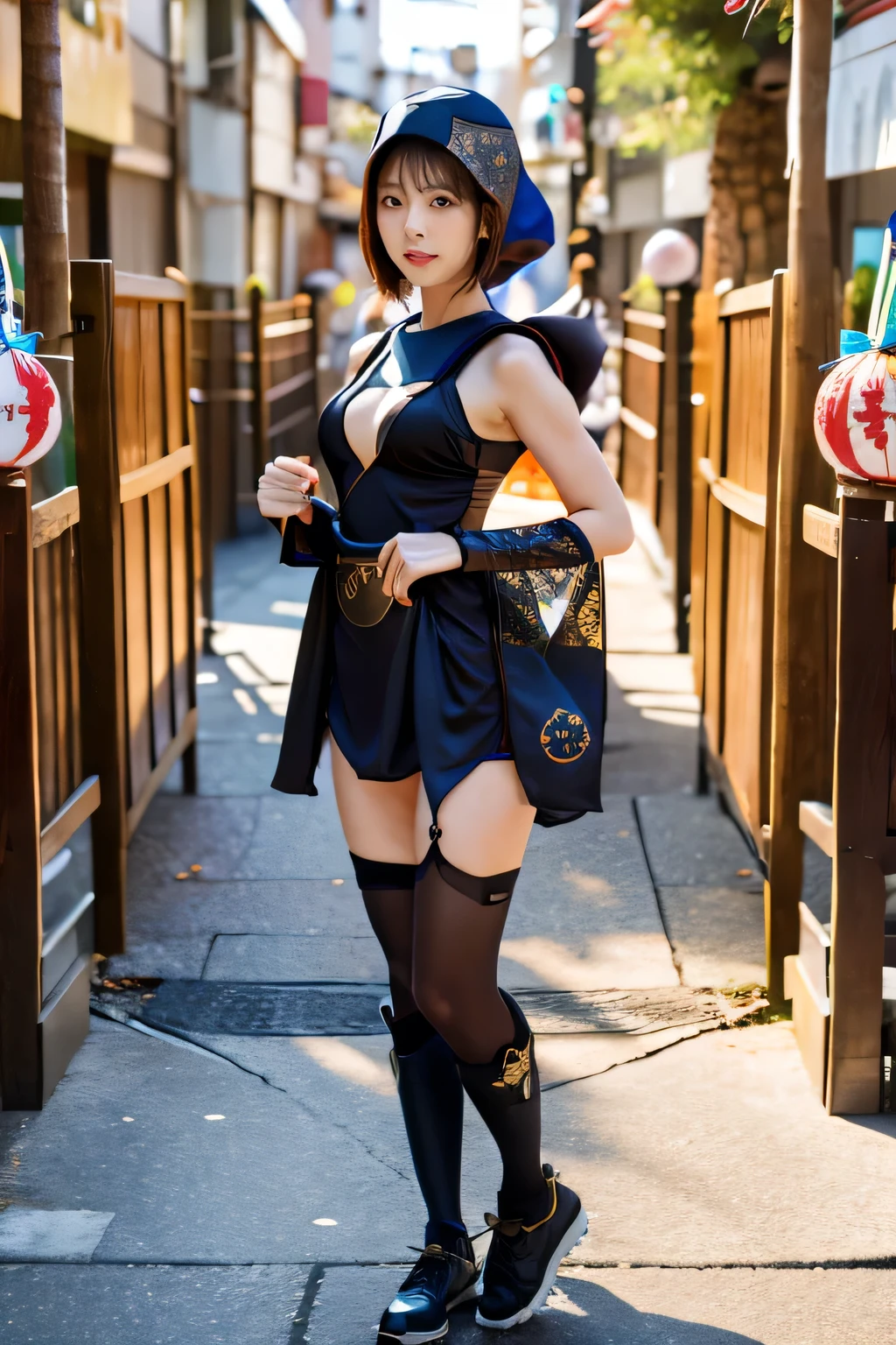 (Ninja costume:1.5)、(Japanese festivals:1.5)、(Full-body photo:1.5)、highest quality, Photorealistic, Very detailed, finely, High resolution, 8K Wallpaper, Professional, High level of detail, ((One 18 year old girl:1.2)), Slender Japanese women,Pretty lips, (Beautiful long lashes:1.2)、Detailed clavicle, Perfect Face, (Cute short bob hair:1.5),Top Quality,Ultra-clear resolution,Clear Eyes,Sunburned skin,Perfect large breasts,have perfect legs,
