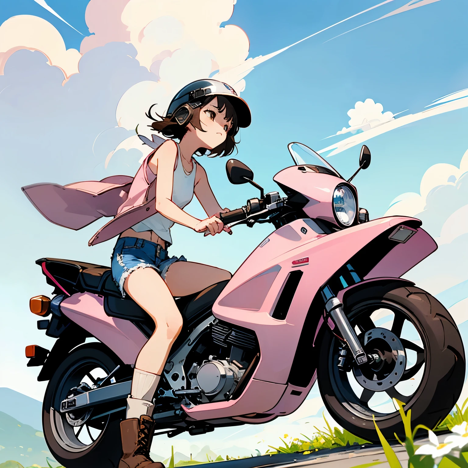 Highest quality、A girl is riding a white Super Cub、Dark brown short cut、(He is wearing a jet helmet with white and black lines running down the center of the helmet from front to back.、White tank top、Pink jacket、Denim shorts、White knee-high socks、Brown work boots:1.3)、Japanese countryside scenery、Road beside the stream、Small creek、Dirt Road、Weeds grow along the side of the road、Blue sky、White clouds floating、Early summer sky、
