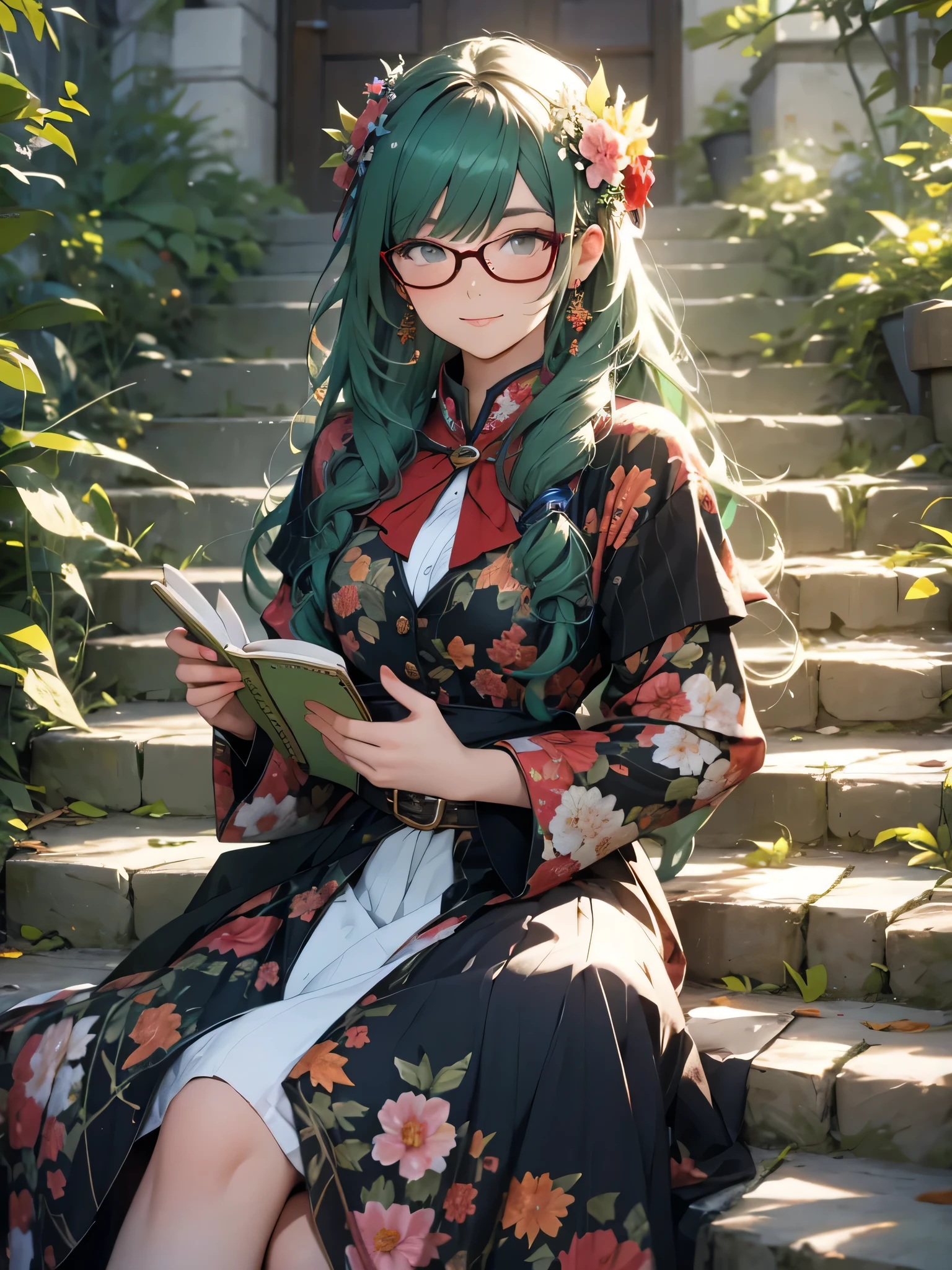 (ultra-detailed,realistic),outdoor scene,girl sitting on the long stone stairs,smile,reading a book,wearing red glasses,deep green hair,long hair,with a hairpin,wearing a long skirt with green floral pattern,sunlight,colorful flowers, 