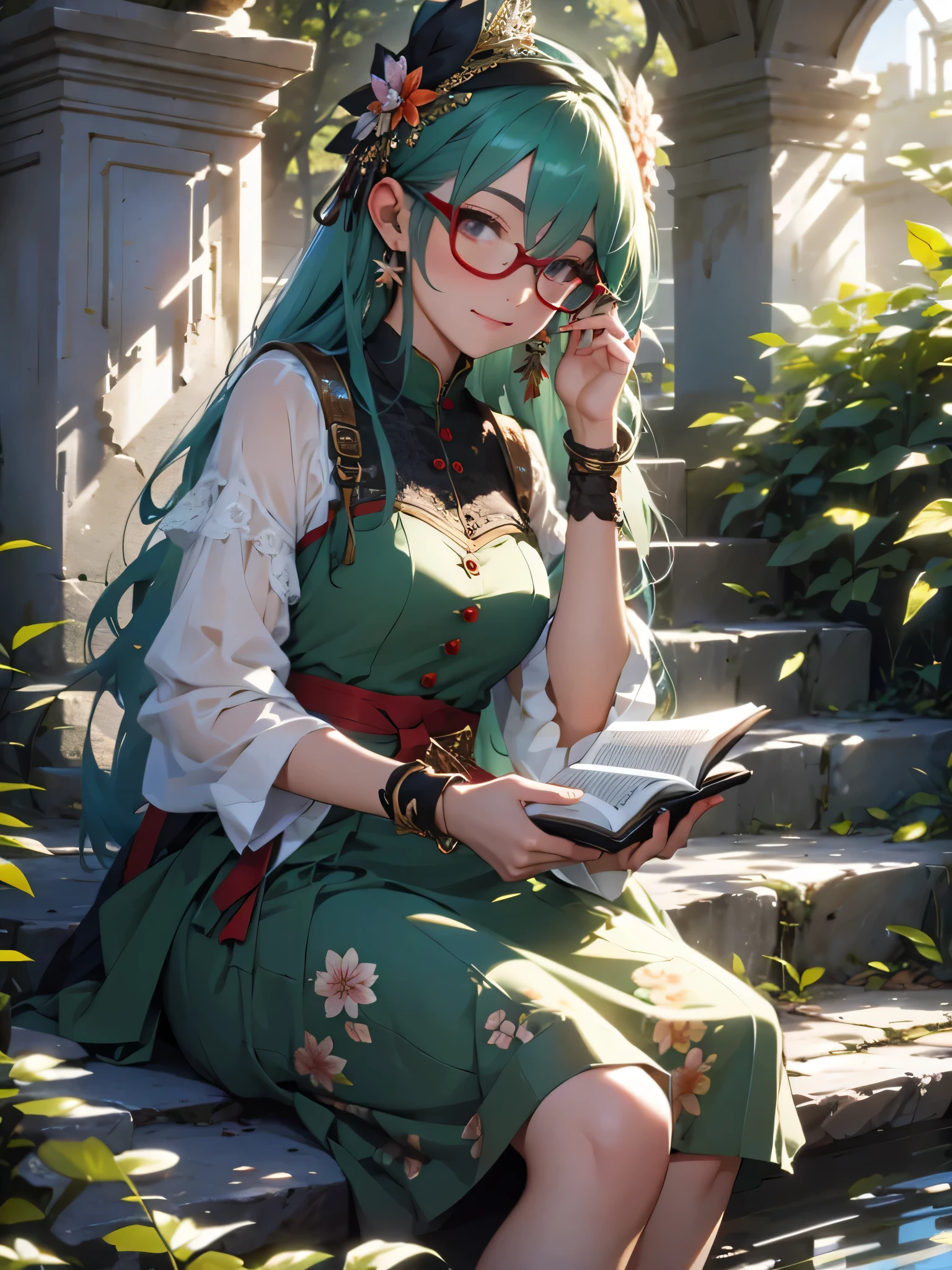 (ultra-detailed,realistic),outdoor scene,girl sitting on the long stone stairs,smile,reading a book,wearing red glasses,deep green hair,long hair,with a hairpin,wearing a long skirt with green floral pattern,sunlight,colorful flowers,