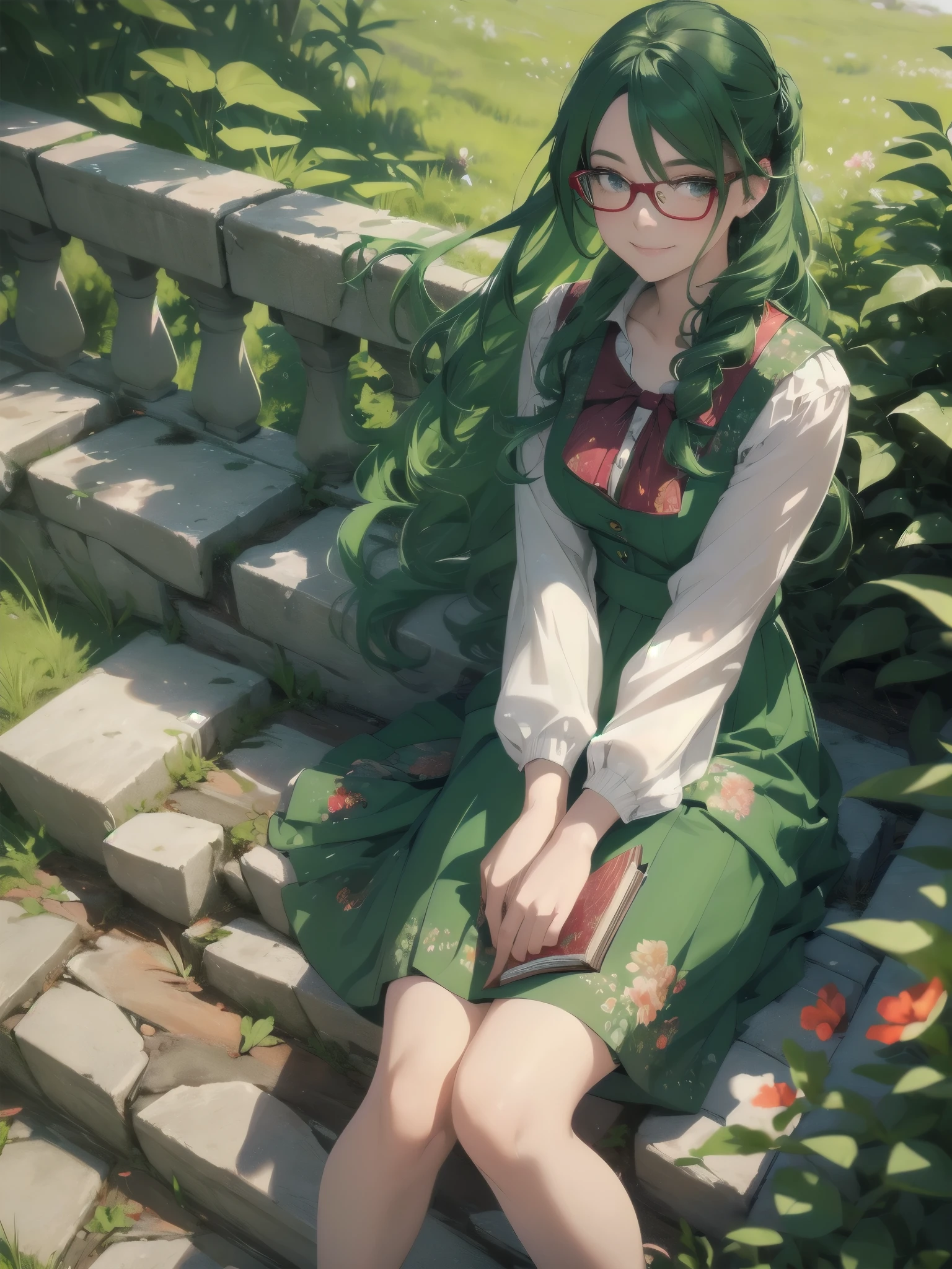 (ultra-detailed,realistic),outdoor scene,girl sitting on the long stone stairs,smile,reading a book,wearing red glasses,deep green hair,long hair,with a hairpin,wearing a long skirt with green floral pattern,sunlight,colorful flowers, 