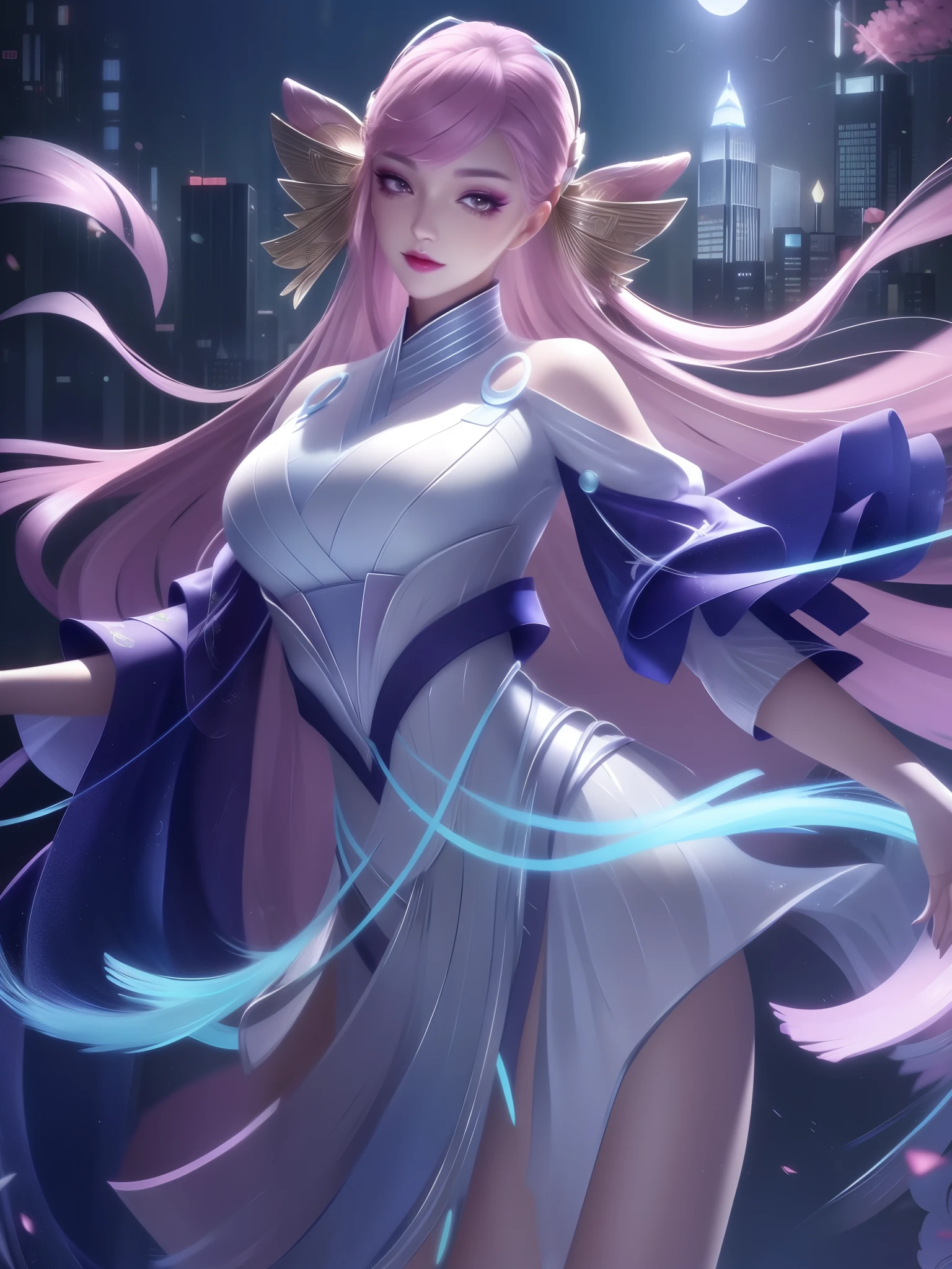 WZRYdiaochanMYHW,1girl, mature female, looking at viewer, cityscape, night, hair ornament,dress, makeup,eyeshadow,hair ribbon, bangs, shiny,eye detail(female), eye and face detail, detail