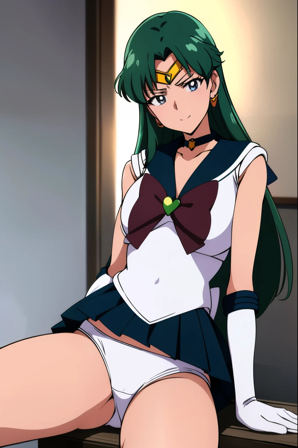 realisic:1.4), Realistic photo style、16K、highest quality, White panties、masterpiece,Cowboy Shot,spread legs、show white panties,White shorts, One girl, Sailor Neptune, White pantiesが見える、Mature Woman, Old age,Medium chest, Aqua Eye, Dark green hair, Medium Hair, (Sailor Warrior Uniforms:1.2), Buck Bow, White elbow gloves(anime:1.4), highest quality, White pantieasterpiece,Cowboy Shot,spread legs、show white panties,White shorts,
One girl, Sailor Neptune, White pantiesが見える、Mature Woman, Old age,Medium chest, Aqua Eye, Dark green hair, Medium Hair, (Sailor Warrior Uniforms:1.2), Buck Bow, White elbow gloves, Pleated skirt, View your viewers,blush, smile,Sitting