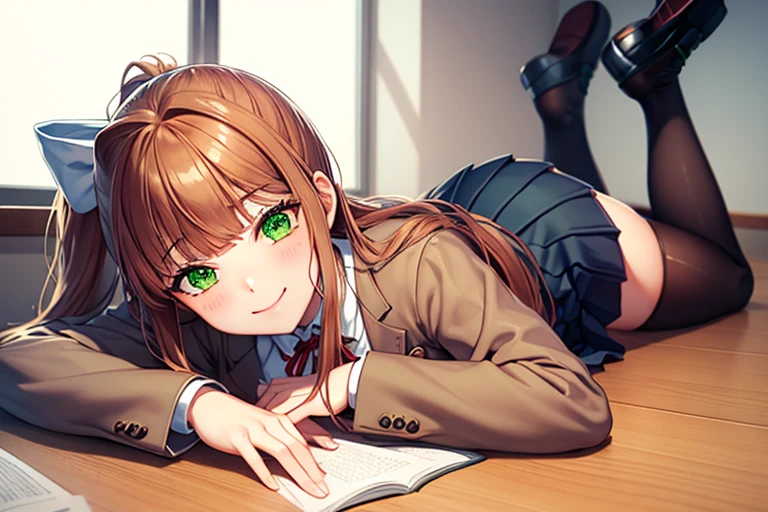 (masterpiece), best quality, expressive eyes, perfect face, highres, 1 girl, solo, ddlcmonika, blunt bangs, brown hair, (green eyes:1.5), long hair, ponytail, ribbon, white ribbon, hair ribbon, sidelocks, black thighhighs, blue skirt, brown jacket, jacket, long sleeves, mary janes, over-kneehighs, pleated skirt, , shoes, skirt, thighhighs, zettai ryouiki, smiling, indoors, classroom background, lying on stomach, portrait, looking at the viewer