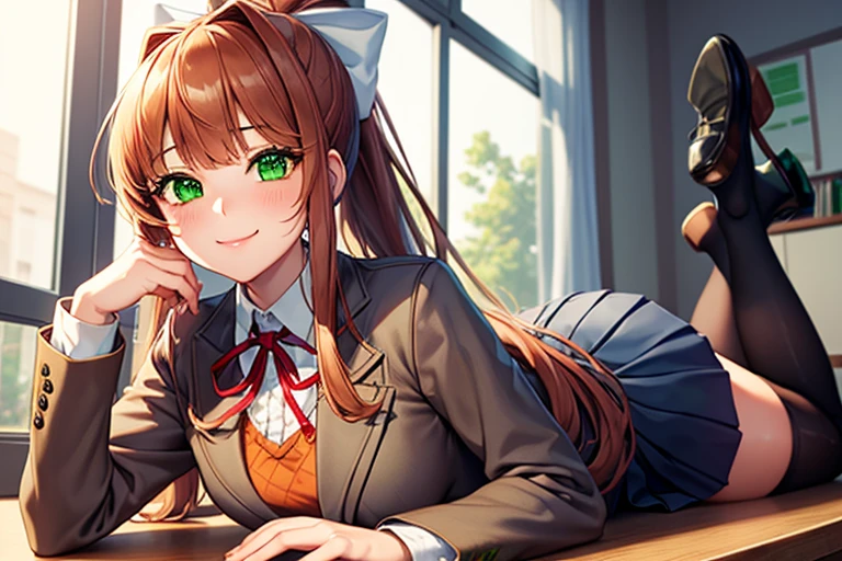 (masterpiece), best quality, expressive eyes, perfect face, highres, 1 girl, solo, ddlcmonika, blunt bangs, brown hair, (green eyes:1.5), long hair, ponytail, ribbon, white ribbon, hair ribbon, sidelocks, black thighhighs, blue skirt, brown jacket, jacket, long sleeves, mary janes, over-kneehighs, pleated skirt, , shoes, skirt, thighhighs, zettai ryouiki, smiling, indoors, classroom background, lying on stomach, portrait, looking at the viewer