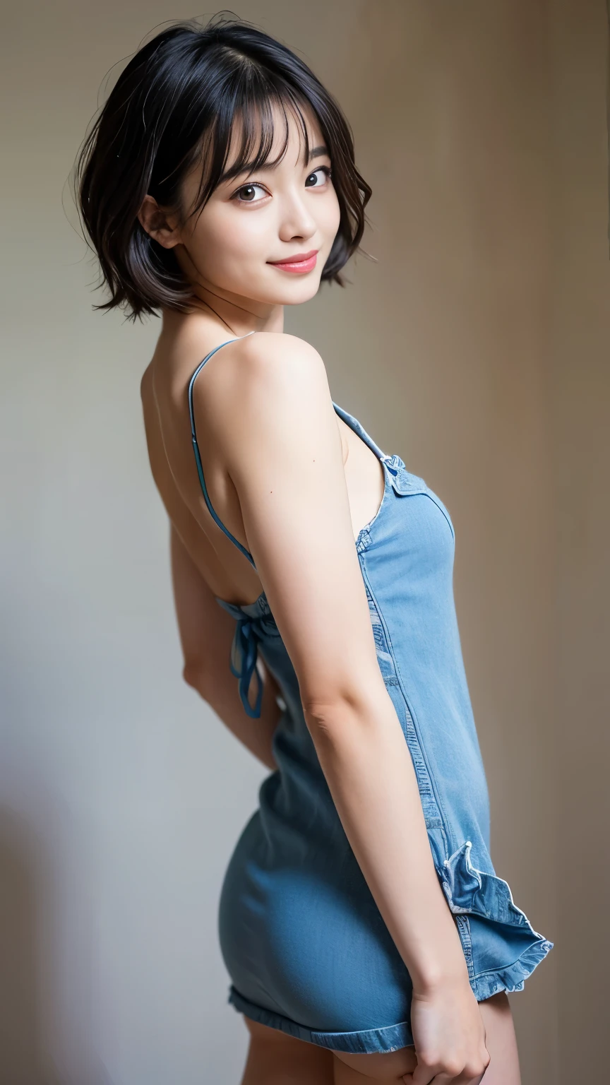 Best-quality, Masterpiece, Ultra-High-Resolution, (Photorealistic:1.4), Raw Photo, depth of field, professional lighting, perfect anatomy, extremely details, 1girl, Japanese idol, wearing casual-dress, cowboy shot, extremely cute and extremely childish face, extremely beautiful and extremely big eyes, extremely beautiful black-short-cut-haired, extremely beautiful skins, realistic skin texture, extremely beautiful long-eyelashes, extremely beautiful lips, childish-body, upturned ass, extremely beautiful thighs, looking at viewer, innocent smile