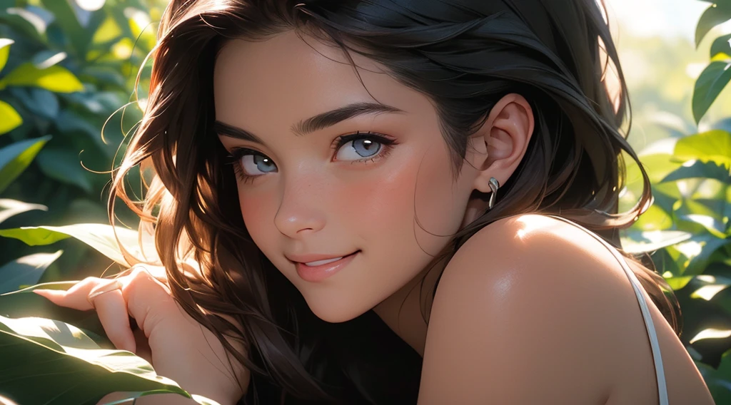 woman posing for a photo, Laugh, Happy, Long hair, Straight hair, finely detailed skin, During the day, A hot summer day, Nature lighting, detailed face:1.2, sharp focus, Hasselblad photography, masterpiece, Light makeup, cinematic lighting, 4k, best quality