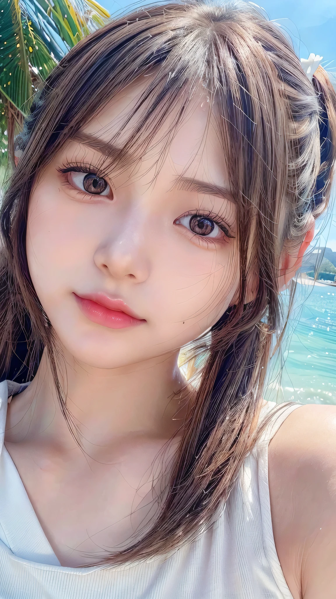 Beach,resort,Sexy White Bikini,Blushing,Facing forward,Close-up of face,Small breasts,s old,Long hair ponytail,((8K, Raw photo, Best Quality, Mastepiece:1.2), (Realism, Photorealistic:1.4), (Highly detailed 8K wallpapers), Depth of written boundary, Cinematic Lighting, Soft Light, Detailed Beauty Eye,Shiny and smooth light brown ponytail, Asymmetrical bangs, Shiny skin, Ultra-detailed skins ,It is high resolution., High detail, Detailed hairstyle, Detailed facial beauty, Hyper-realistic, Perfect limbs, Perfect Anatomy ,1 Japanese girl,Famous Japanese Idols, Perfect female body,A shy smile,Short eyelashes,Double-edged eyelids,Look straight here,Hair style: ponytail,Close-up of face