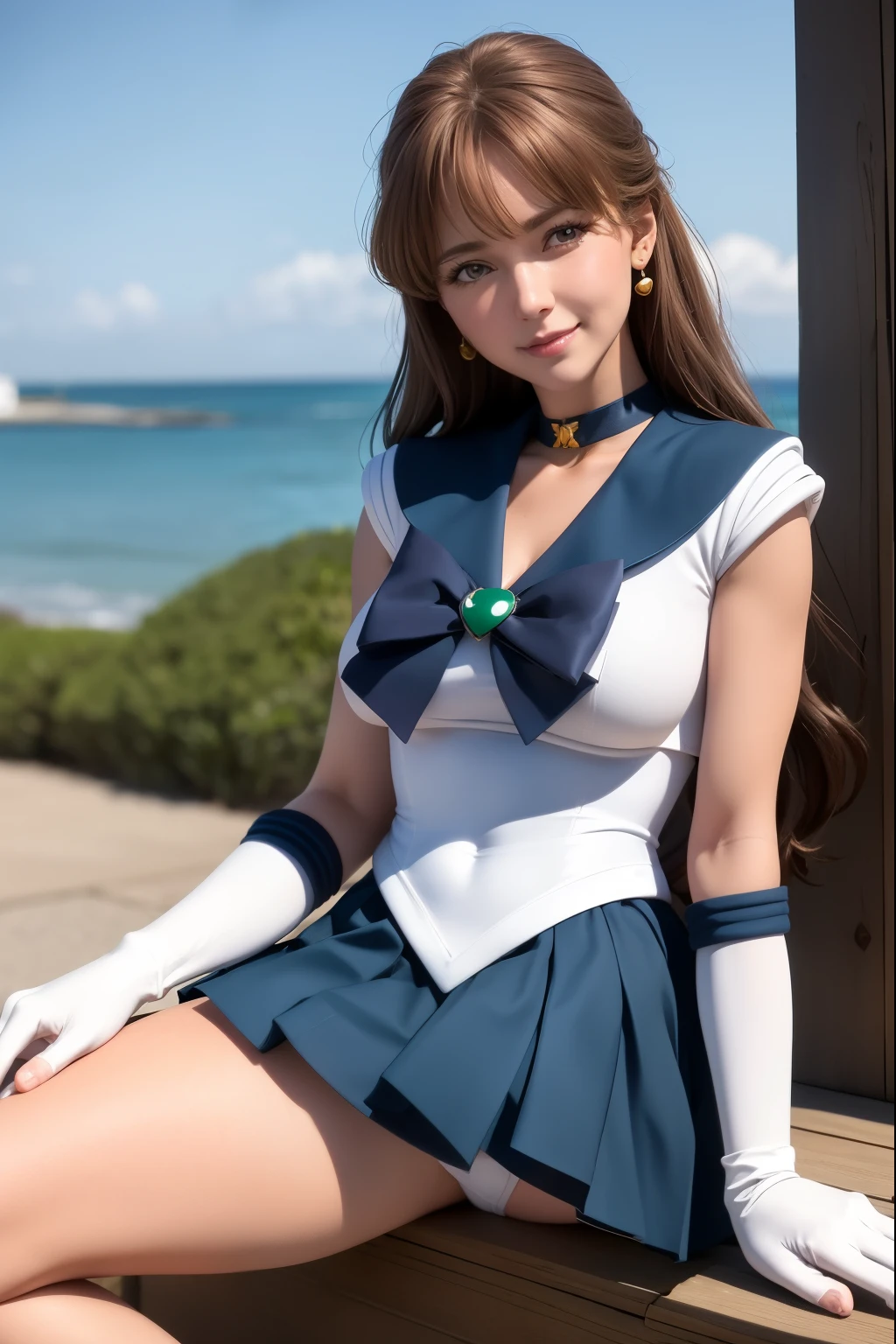(realisic:1.4), Realistic photo style、16K、highest quality, White pantieasterpiece,Cowboy Shot,spread legs、show white panties,White shorts,
One girl, Sailor Neptune, White pantiesが見える、Mature Woman, Old age,Medium chest, Aqua Eye, Dark green hair, Medium Hair, (Sailor Warrior Uniforms:1.2), Buck Bow, White elbow gloves, Pleated skirt, View your viewers,blush, smile,Sitting