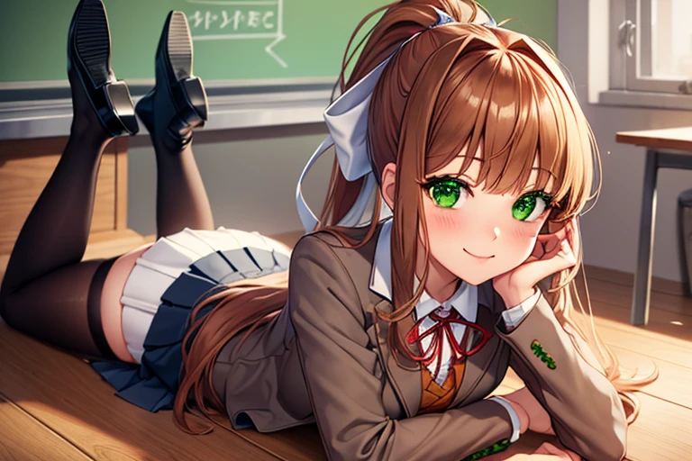 (masterpiece), best quality, expressive eyes, perfect face, highres, 1 girl, solo, ddlcmonika, blunt bangs, brown hair, (green eyes:1.5), long hair, ponytail, ribbon, white ribbon, hair ribbon, sidelocks, black thighhighs, blue skirt, brown jacket, jacket, long sleeves, black heels, over-kneehighs, pleated skirt, , shoes, skirt, thighhighs, zettai ryouiki, smiling, indoors, classroom background, lying on stomach, portrait, looking at the viewer