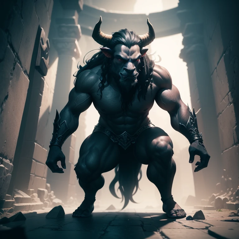 A minotaur in a dark labyrinth, long horns, long hair, hoofs, bull face, tail, massive muscular body, ferocious expression, covered in fur, sharp teeth, realistic 3D rendering, intense textures, high resolution, mythical creature, mythical beast, ancient Greek mythology, mythical monster, monstrous figure, creature of half-human half-bull, intense contrast, gothic vibes, dark fantasy, mythical underworld, monstrous strength, towering presence, haunting presence, epic fantasy, horror, ominous mood, ancient ruins, mysterious maze, ancient legends, monstrous roar, mythical power, mystical aura, dangerous challenge, fullbody.