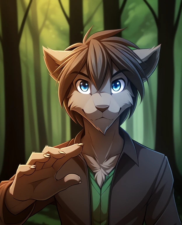 zen-twokinds, twokinds, by tom_fischbach,, (best quality, masterpiece:1), solo, furry male anthro, blue eyes, medium hair, fingers, finger claws, looking at viewer, green jackrabbit, (outdoors dark forest trees blurry blurred background:1.1),