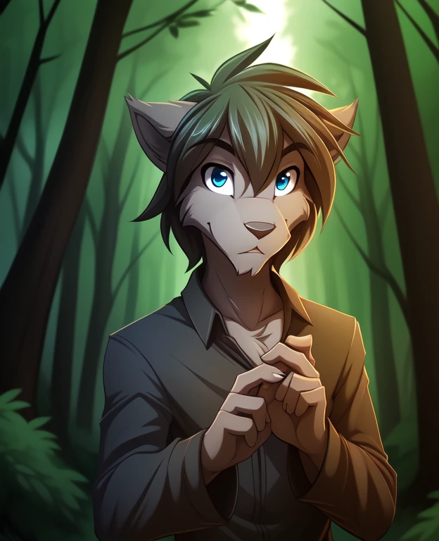 zen-twokinds, twokinds, by tom_fischbach,, (best quality, masterpiece:1), solo, furry male anthro, blue eyes, medium hair, fingers, finger claws, looking at viewer, green jackrabbit, (outdoors dark forest trees blurry blurred background:1.1),