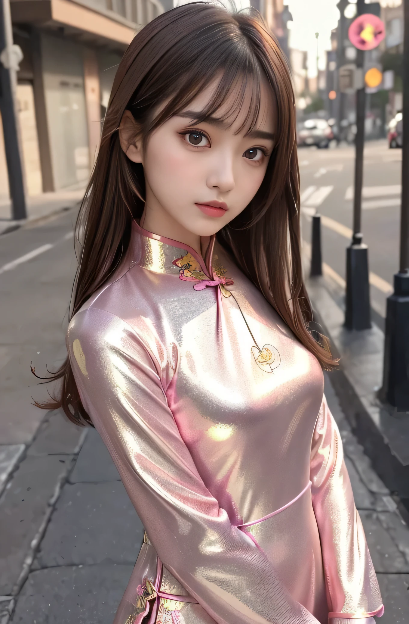 Angelic Very beautiful cute girl,8 yo,
Beautiful detailed eyes, 
Detailed double eyelids,
(Large eyes:1.4),
Long straight brown hair, 
see-through bangs,
Sharp Focus,small straight nose,
beautiful detailed face and eyes, 
drooping eyes,
(Soft Saturation: 1.3), (Fair skin: 1.2),BREAK (Super shiny metallic neon pink long sleeves cheongsam:1.3),
Walking,
Brown hair,
(peafowl pattern design cheongsam:1.4) , (costume with strong reflective surfaces:1.5),
Costume lighting,
In the street
