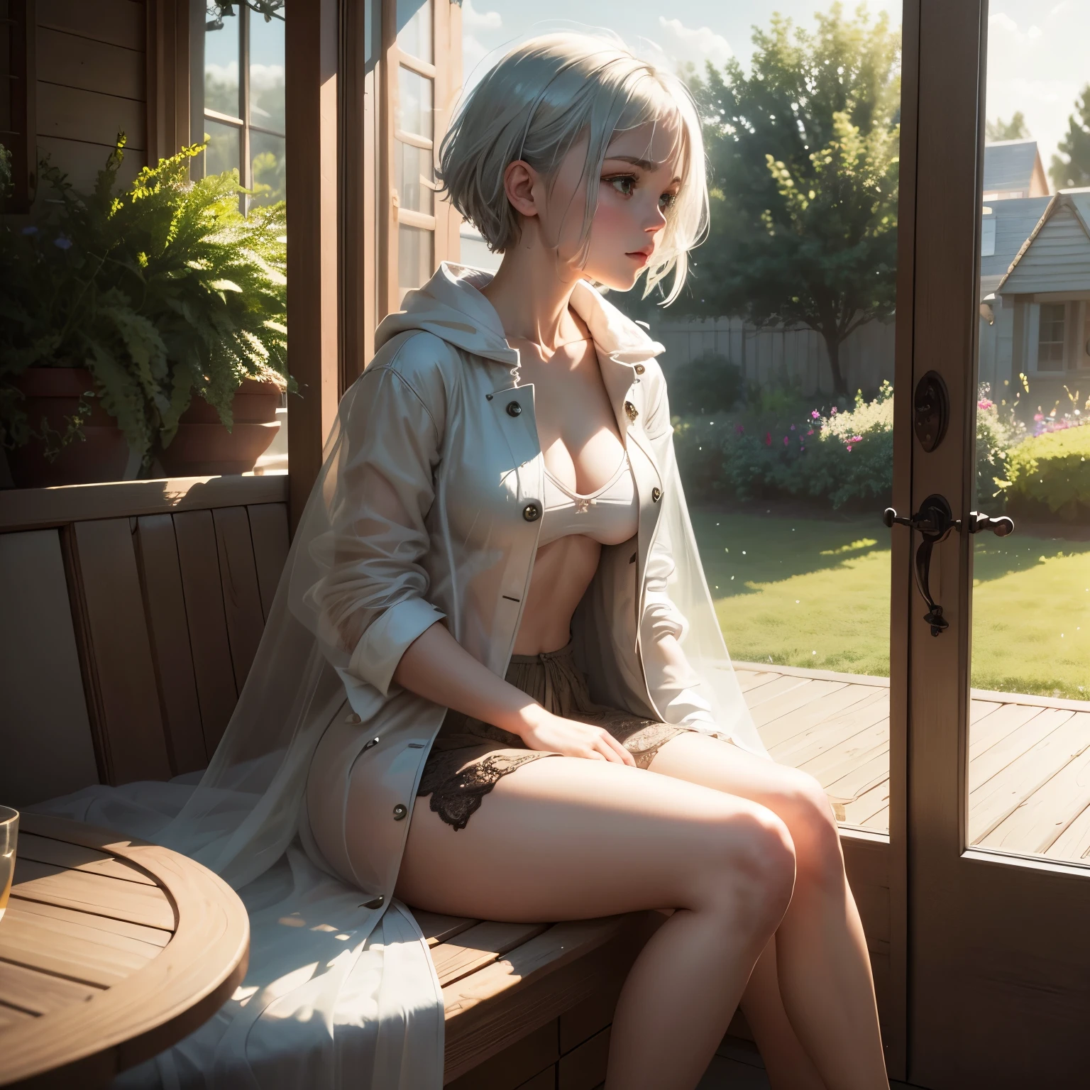 masterpiece, highest quality,Very detailed,Hyper Details, cinematic Light,, One girl, alone, sit, Outdoor, Summer House, sitting in the Summer House,  plant, table, chandelier, Candles, Wind, Green Eyes, Pan Green Silver Hair, short hair, Floating Hair, Light, Light frown, profile,View your viewers, dynamic_angle,The see-through happi coat is unbuttoned,nude