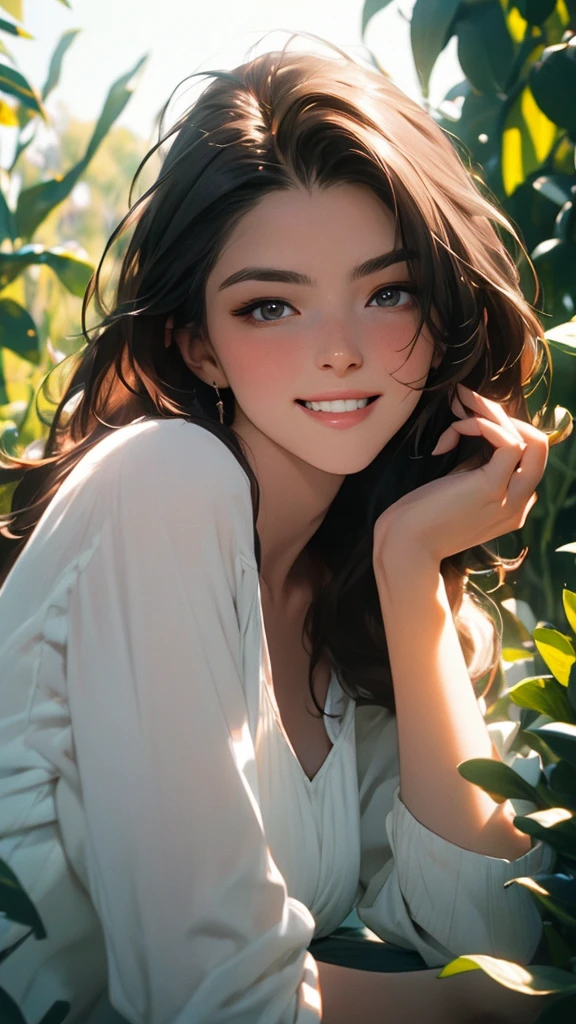 woman posing for a photo, Laugh, Happy, Long hair, Straight hair, finely detailed skin, During the day, A hot summer day, Nature lighting, detailed face:1.2, sharp focus, Hasselblad photography, masterpiece, Light makeup, cinematic lighting, 4k, best quality