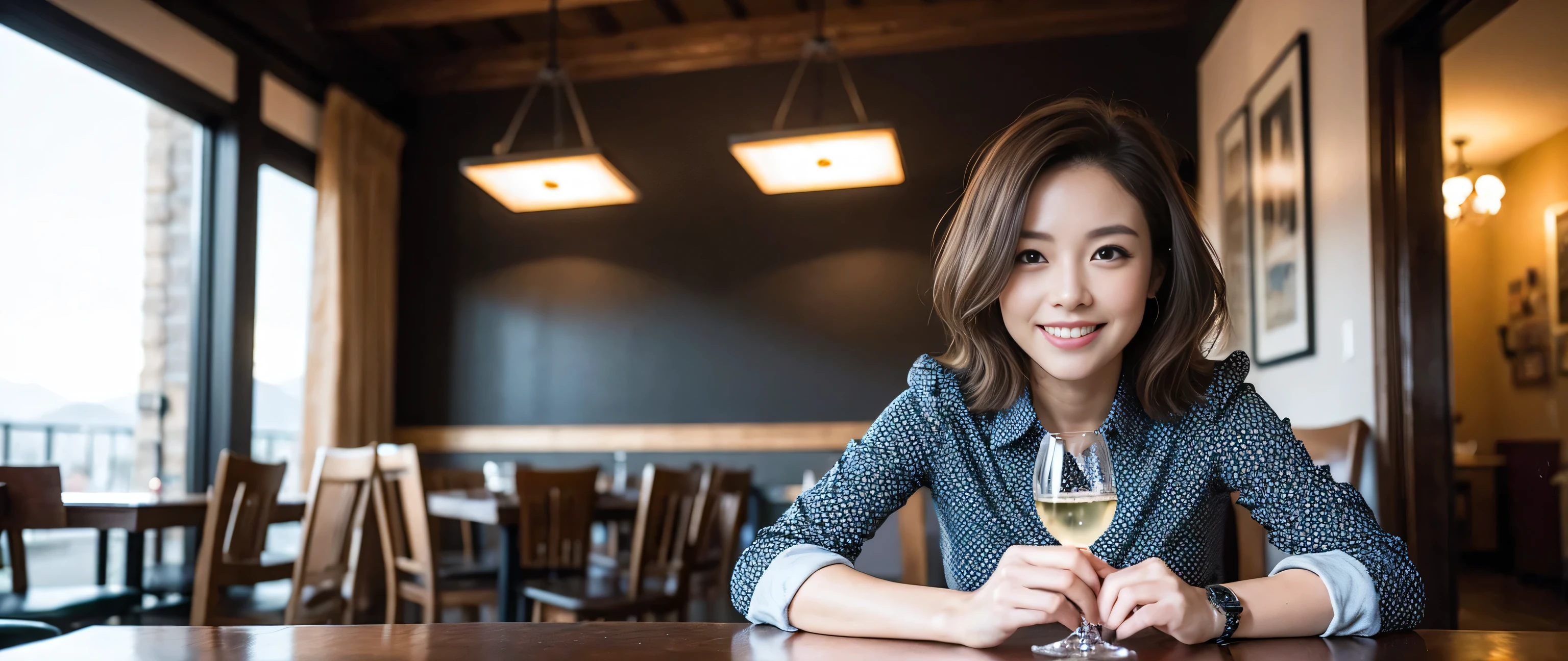 ((highest quality、8k、masterpiece:1.3))、Sharp focus:1.2、Beautiful woman perfect body:1.4、Slim body、((Bob Hale、Straight hair:1.2))、(to be born, highest quality, masterpiece:1.5), (Realistic, Intricate details:1.2), Ultra-high resolution, Amazing view of the sunset sky and clouds、Amazing mountain views、A bright smile、A lovely woman with a smile、Bright image、2. The beauty of wine, Beautiful Face, blue eyes, The light shines on your face, Blushing, short hair,Bright Face、Fox face、 (36 years old), 39 years old, Lady、red wine 、Appetizers、Italian food、Wine bottle、Champagne、sparkling wine、Two beauties、Brown Hair、Shortcuts、Long sleeve shirt、dress、Pretty Woman 1, (Slim face), (The body is slim), (Brown Hair), (Shortcuts), cheeks turn a little red,Attractive beauty、, Out of the window, A beautiful and detailed night view unfolds.........., restaurant, In a prominent place (From the waist up) Nova Frog Style, actress, model, Upper Body, White wine, slim, wine glass, A wine glass placed in the middle, smile, (smile: 1.15), Beautiful fine grain, Depth f/2,saturation, High Contrast, Strong light and shadow,Moist Body:1.5、3D texture、Delicate eyes、Brown Hair、The hair is very shiny、