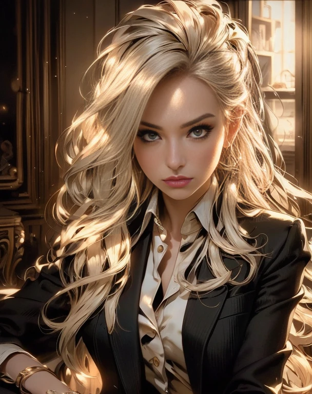 (high quality,realistic:1.2),portrait,golden hair,beautiful girl wearing a black jacket,detailed eyes,luscious lips,sensual gaze,luxurious texture,shimmering highlights,soft shadows,subtle smile,impeccable makeup,perfect skin tone,varied golden hues,mesmerizing presence,extraordinary attention to detail,immaculate shading,flawless complexion,expressive eyebrows,long eyelashes,graceful pose,stylish and confident demeanor,striking contrast between the jacket and hair,professional photography,rich color palette,subdued lighting,subtle bokeh effects,glowing complexion,meticulously crafted features,exquisite realism,artistic sophistication.
