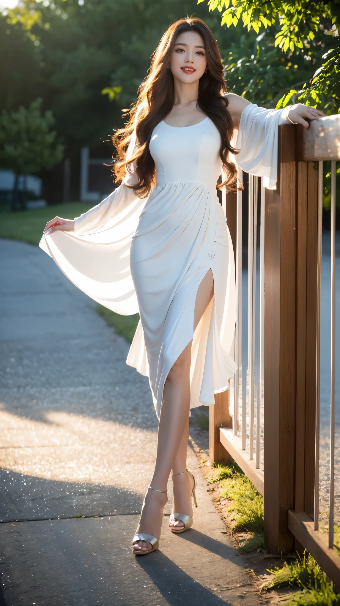 best quality,masterpiece,Ultra-high resolution,(Practical:1.4),original photo,Ultra-high resolution，8k，There are women，White skin，Exquisite makeup，big wavy red lips，very long dress，High heel，Long legs，Bright and beautiful、Long and straight hair_hair down to waist,Shy laugh,light,Tyndall effect,outdoor,cloud