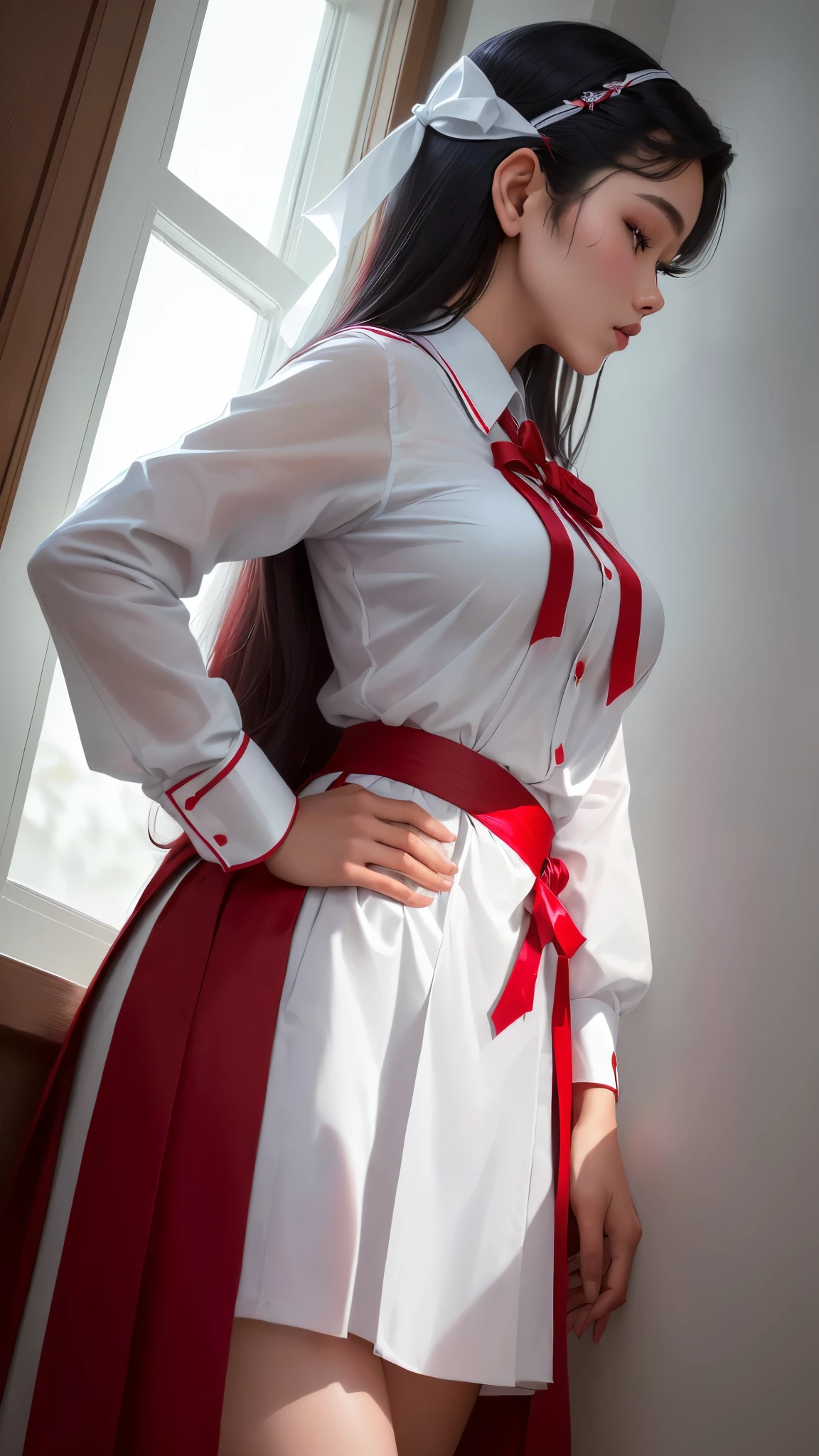 there is a woman in a white shirt with a red ribbon on her chest, nivanh chanthara, white ribbon, profile picture 1024px, only with red, thawan duchanee, red ribbon, wonderful masterpiece, jia, 18 years old, white red, peacefull, yuli ban, sakimi chan, wearing headmistress uniform