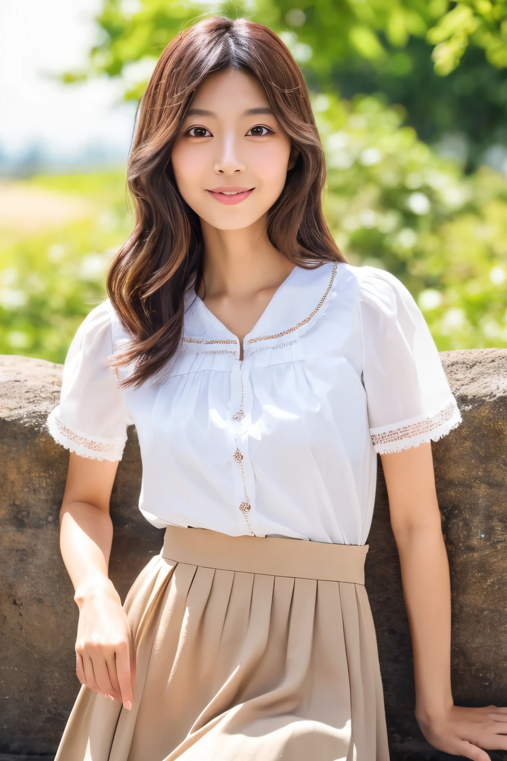 Masterpiece, high quality, high resolution, 8K, ((Skinny Japanese woman in a costume which consists of a short-sleeved white shirt and a light-brown long skirt)), beautiful face, natural makeup, detailed face, detailed eyes, a photo that feels endearing