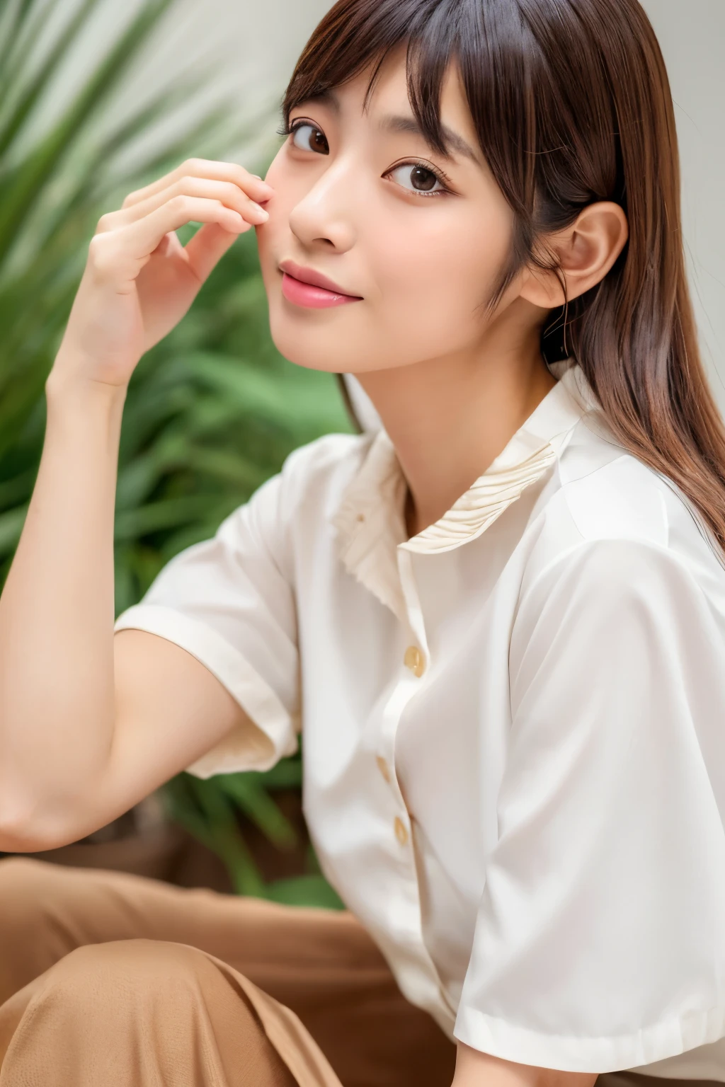 Masterpiece, high quality, high resolution, 8K, ((Skinny Japanese woman in a costume which consists of a short-sleeved white shirt and a light-brown long skirt)), beautiful face, natural makeup, detailed face, detailed eyes, a photo that feels endearing