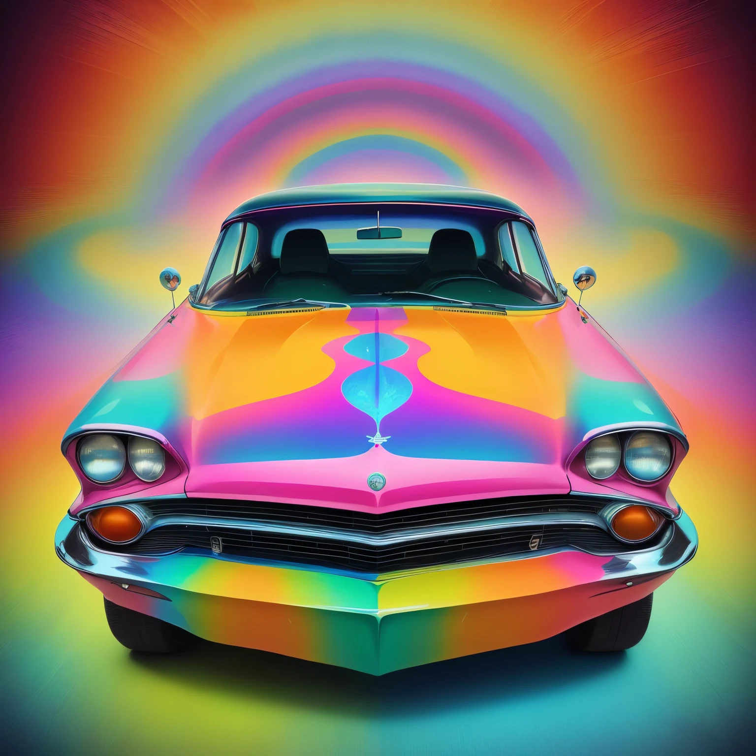 brightly colored car with a rainbow swirl in the background, googie kitsch aesthetic, 60s kitsch and psychedelia, retro psychedelic illustration, 1960s technicolor, 1 9 6 0 s technicolor, car with holographic paint, psychedelic and glittering, surreal psychedelic design, psychedelic illustration, retrofuturism, whimsical and psychedelic