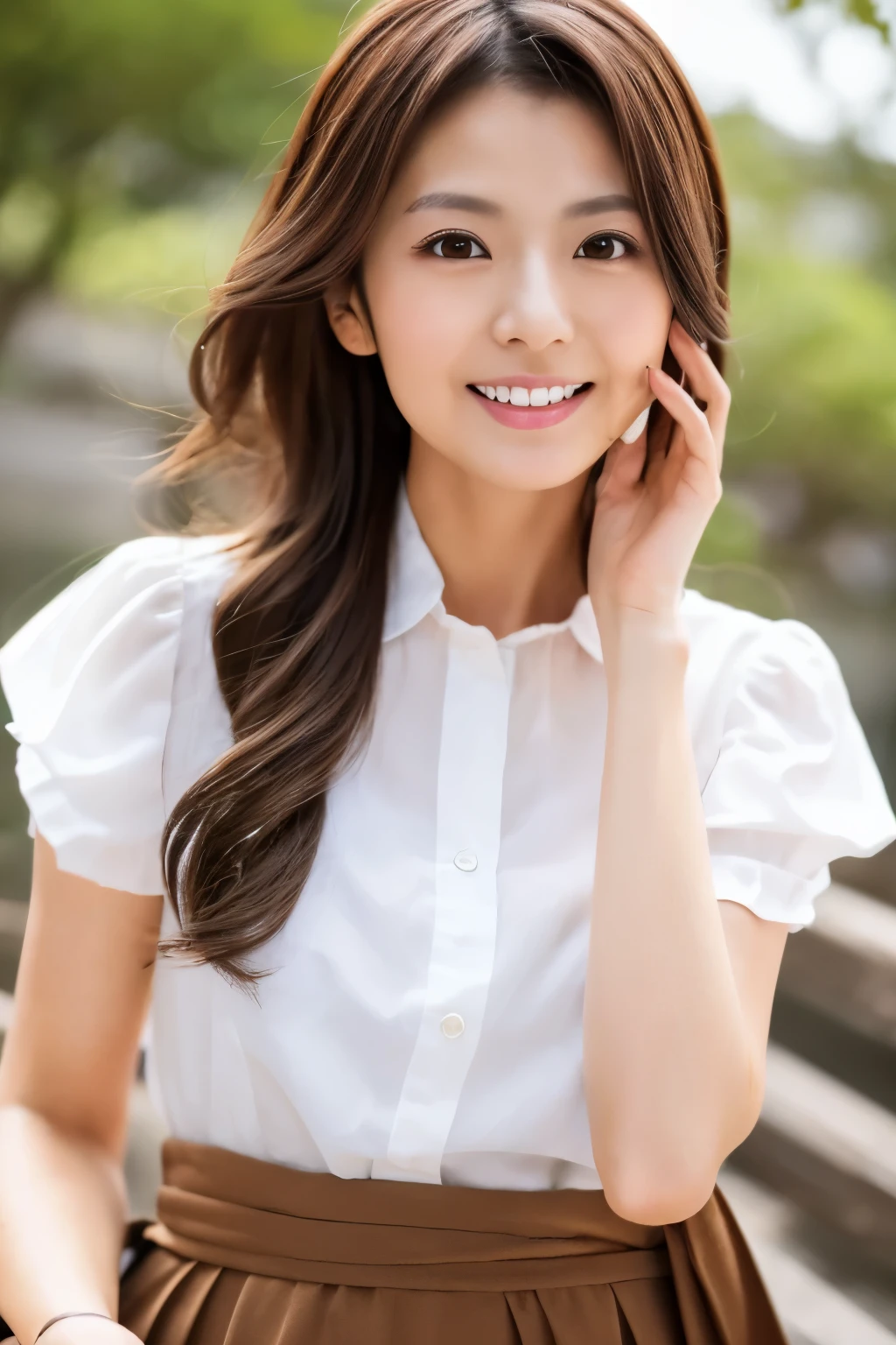 Masterpiece, high quality, high resolution, 8K, ((Skinny Japanese woman in a costume which consists of a short-sleeved white shirt and a light-brown long skirt)), beautiful face, natural makeup, detailed face, detailed eyes, a photo that feels endearing
